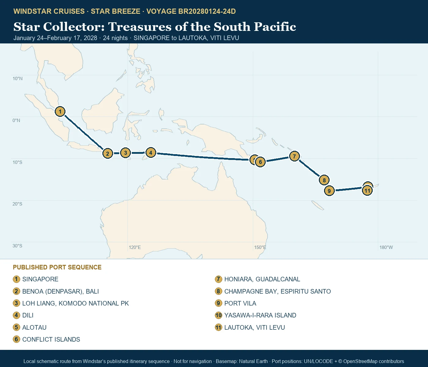 Star Breeze January 24-February 17 2028 route map from SINGAPORE to LAUTOKA, VITI LEVU