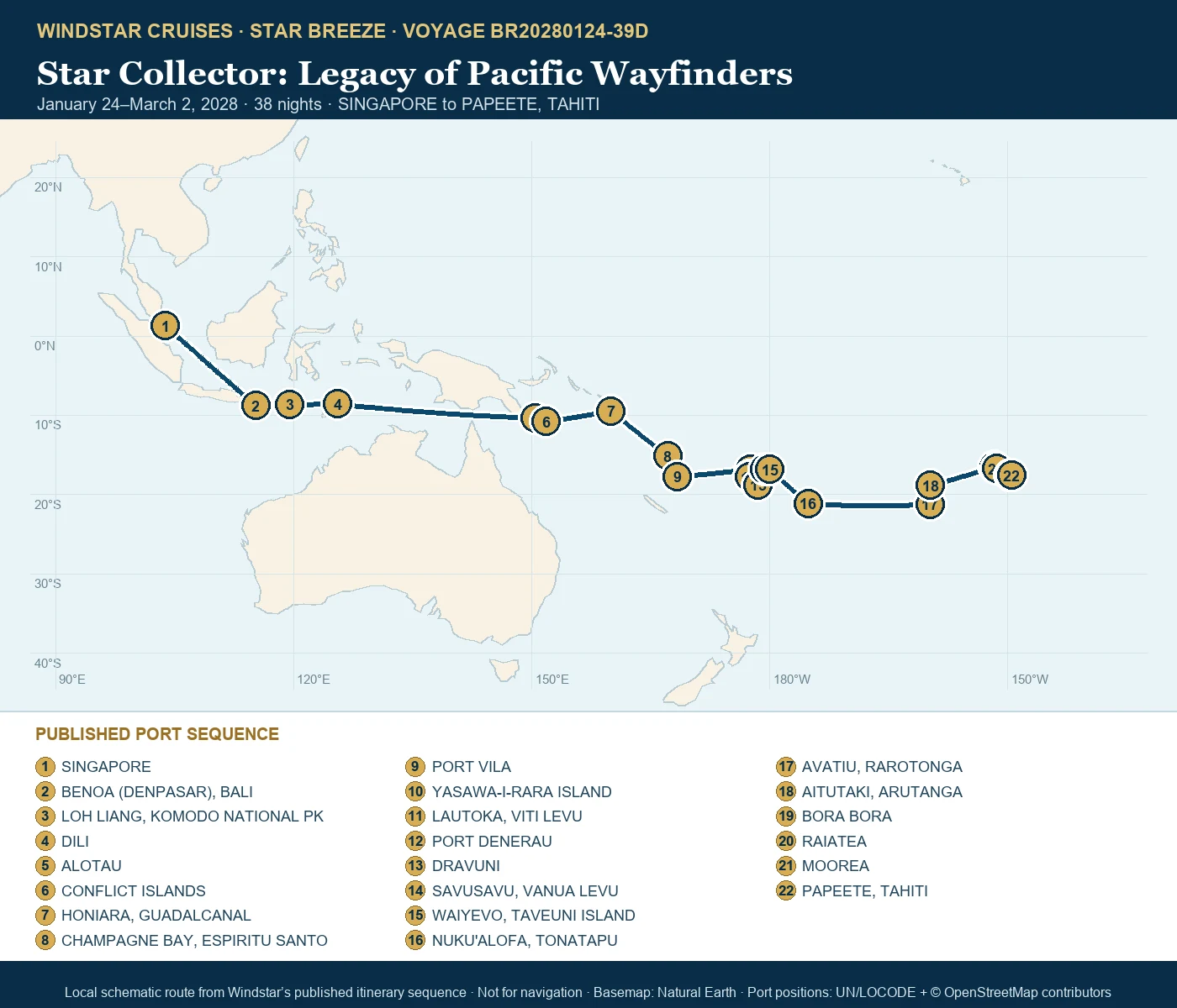 Star Breeze January 24-March 2 2028 route map from SINGAPORE to PAPEETE, TAHITI