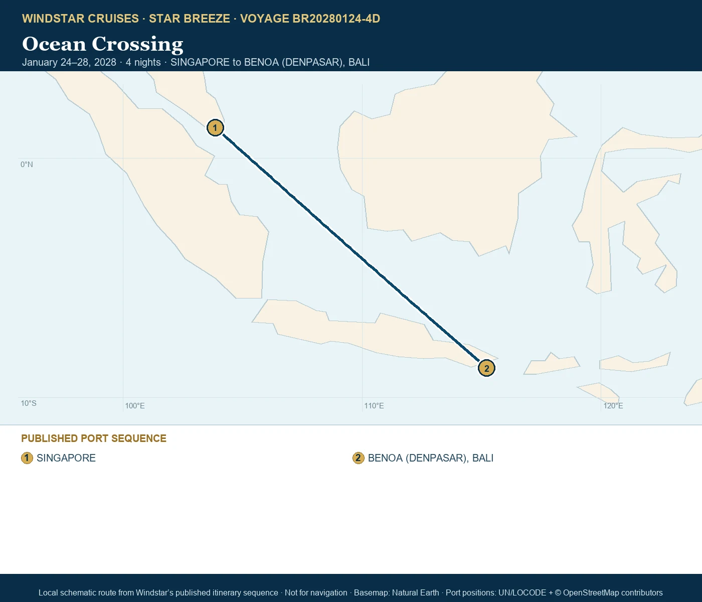 Star Breeze January 24-28 2028 route map from SINGAPORE to BENOA (DENPASAR), BALI
