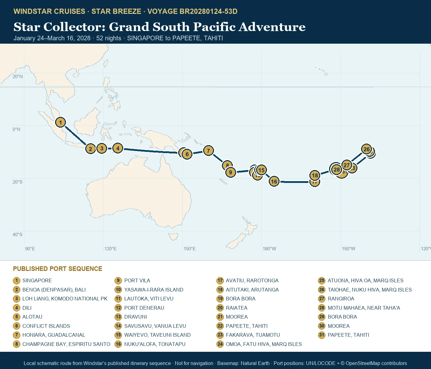 Star Breeze January 24-March 16 2028 route map from SINGAPORE to PAPEETE, TAHITI