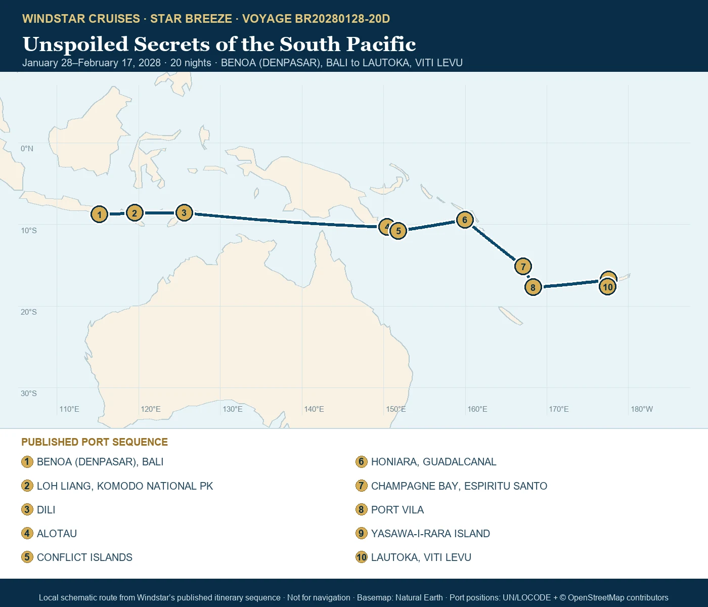 Star Breeze January 28-February 17 2028 route map from BENOA (DENPASAR), BALI to LAUTOKA, VITI LEVU
