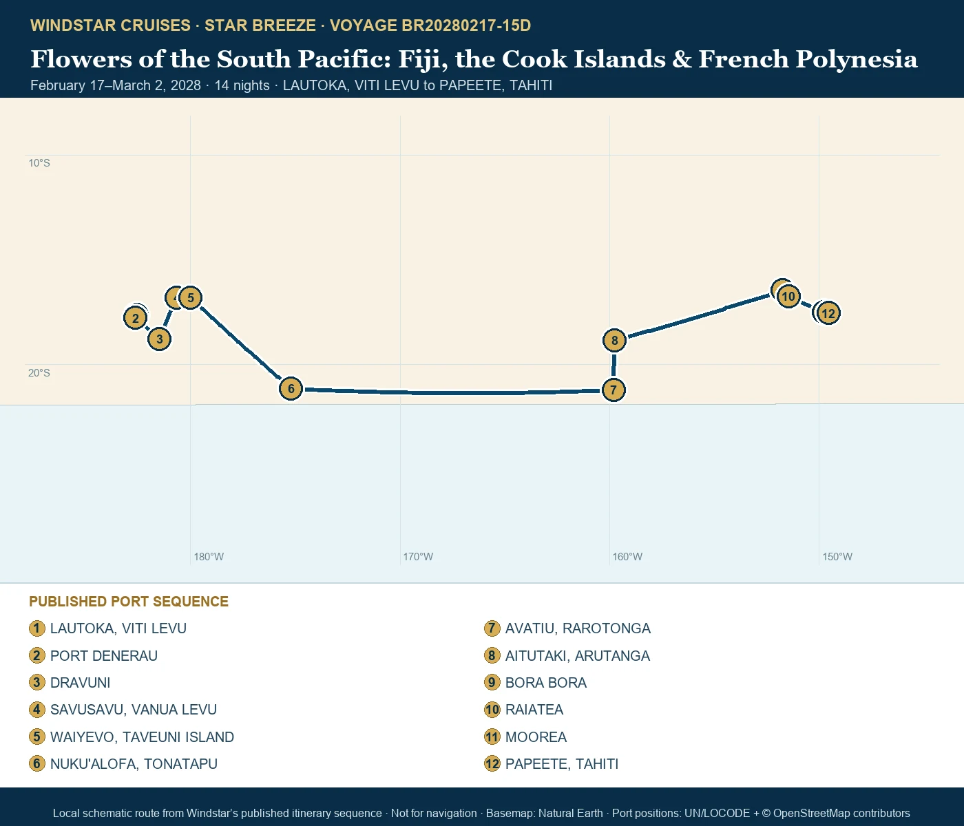 Star Breeze February 17-March 2 2028 route map from LAUTOKA, VITI LEVU to PAPEETE, TAHITI