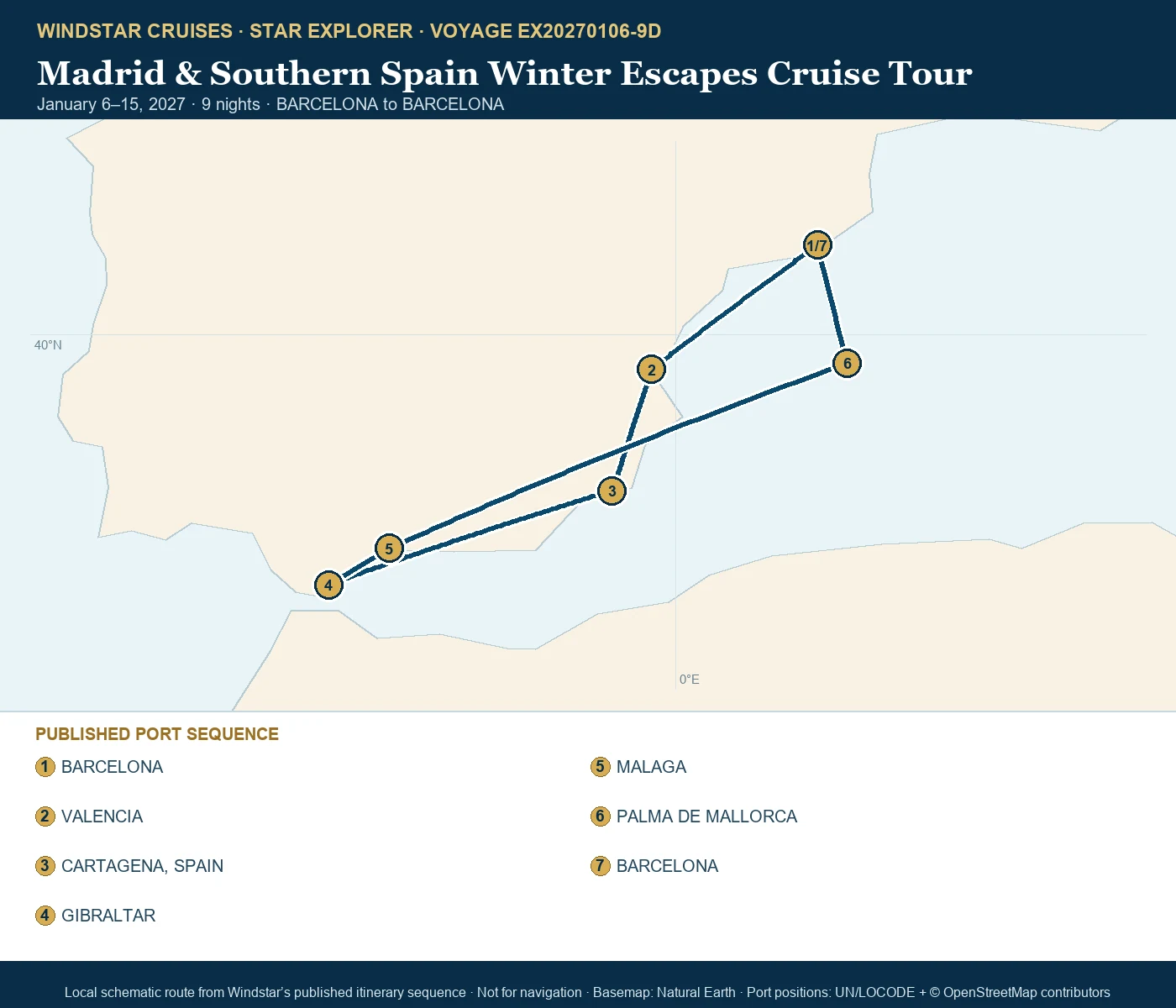 Star Explorer January 6-15 2027 route map from BARCELONA to BARCELONA