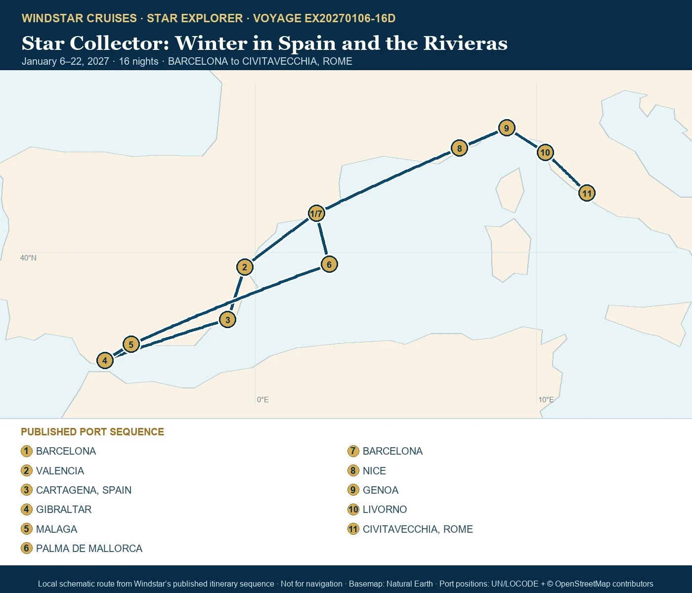 Star Explorer January 6-22 2027 route map from BARCELONA to CIVITAVECCHIA, ROME