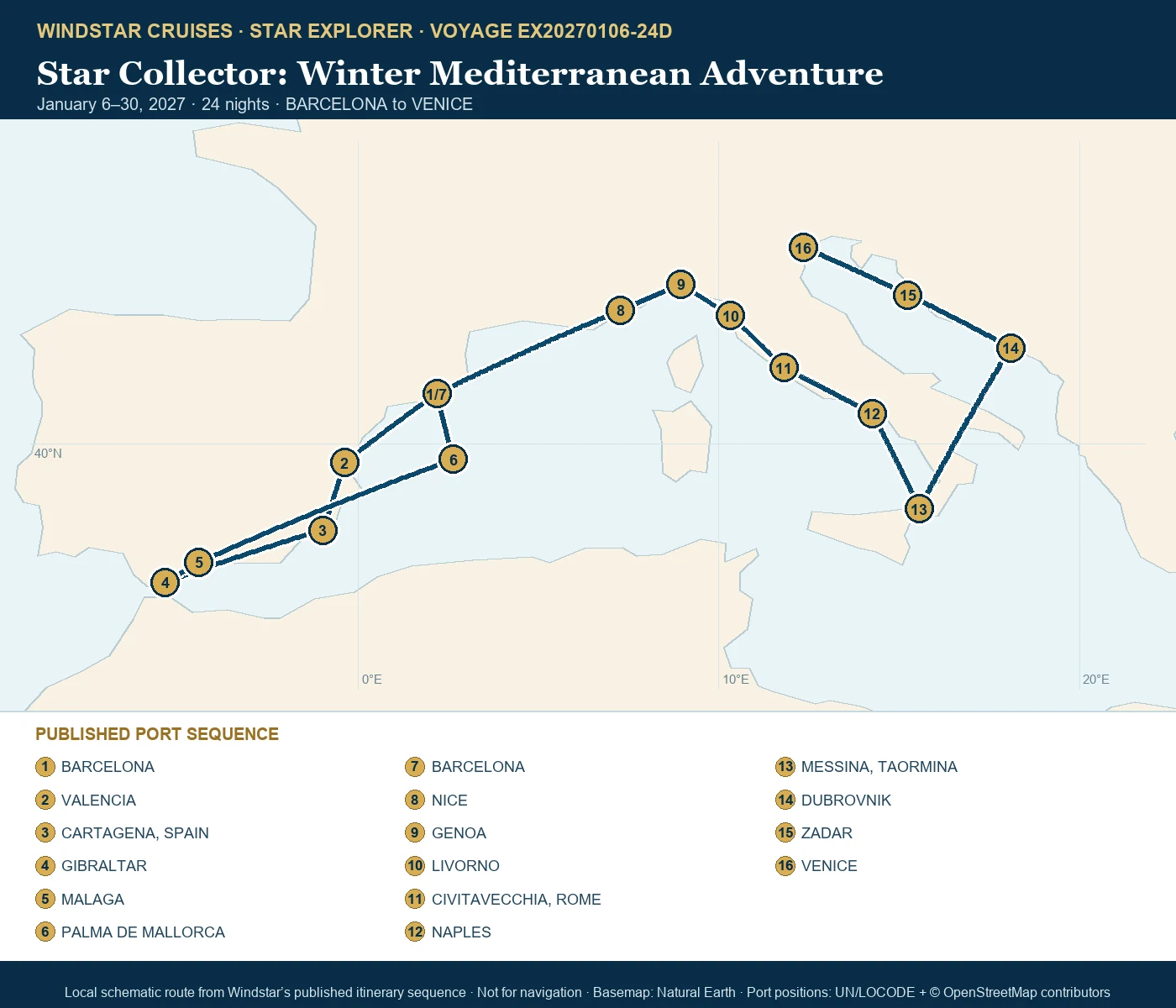 Star Explorer January 6-30 2027 route map from BARCELONA to VENICE