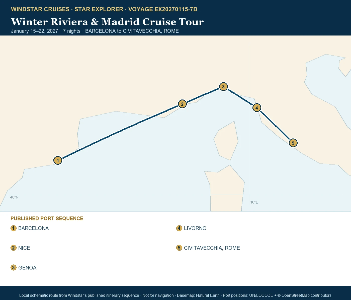 Star Explorer January 15-22 2027 route map from BARCELONA to CIVITAVECCHIA, ROME