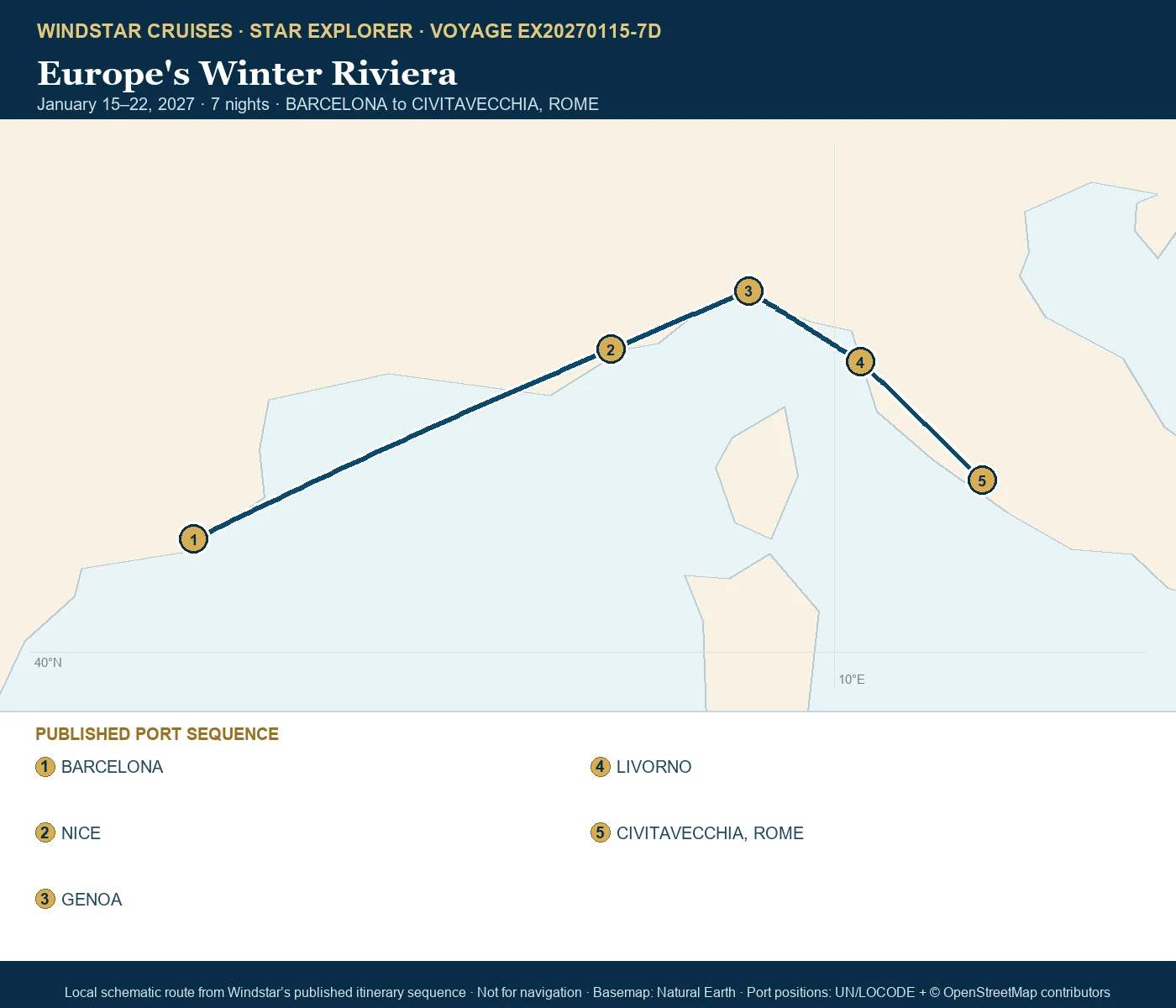 Star Explorer January 15-22 2027 route map from BARCELONA to CIVITAVECCHIA, ROME