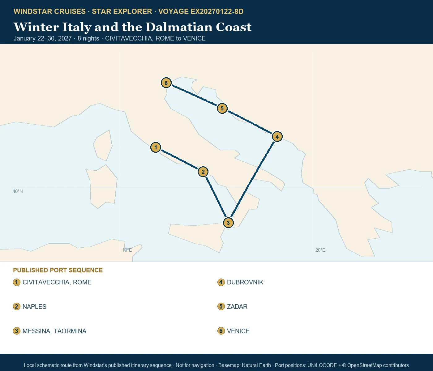 Star Explorer January 22-30 2027 route map from CIVITAVECCHIA, ROME to VENICE
