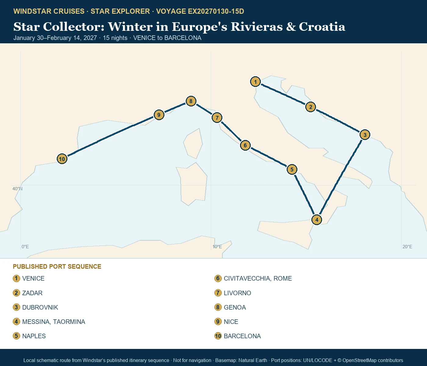 Star Explorer January 30-February 14 2027 route map from VENICE to BARCELONA