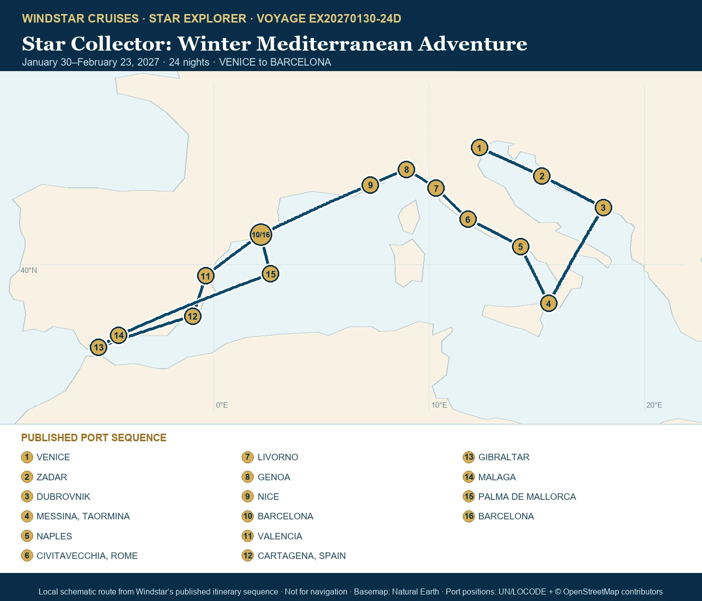 Star Explorer January 30-February 23 2027 route map from VENICE to BARCELONA