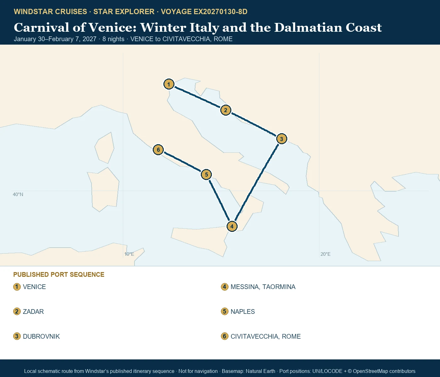 Star Explorer January 30-February 7 2027 route map from VENICE to CIVITAVECCHIA, ROME