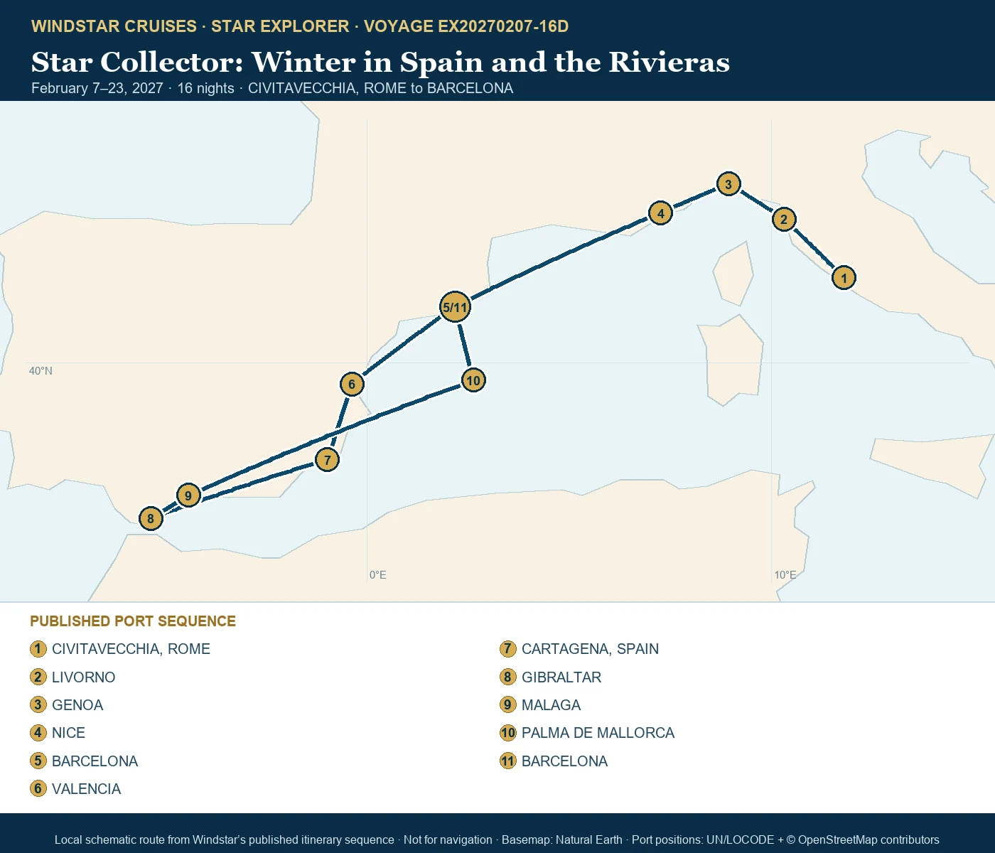 Star Explorer February 7-23 2027 route map from CIVITAVECCHIA, ROME to BARCELONA