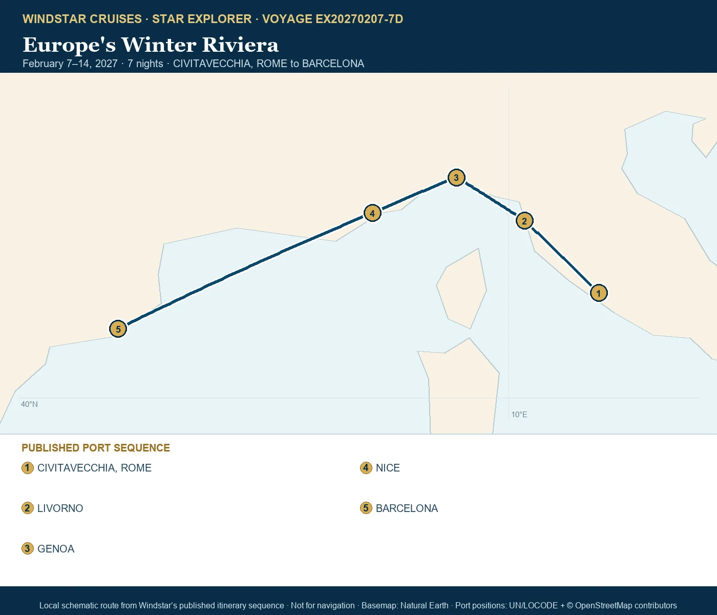 Star Explorer February 7-14 2027 route map from CIVITAVECCHIA, ROME to BARCELONA