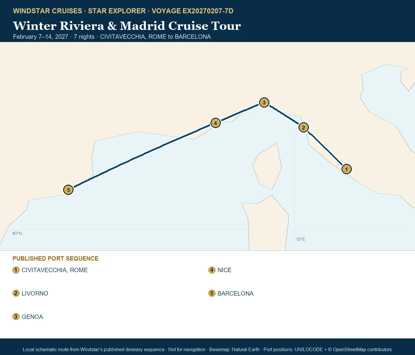 Star Explorer February 7-14 2027 route map from CIVITAVECCHIA, ROME to BARCELONA