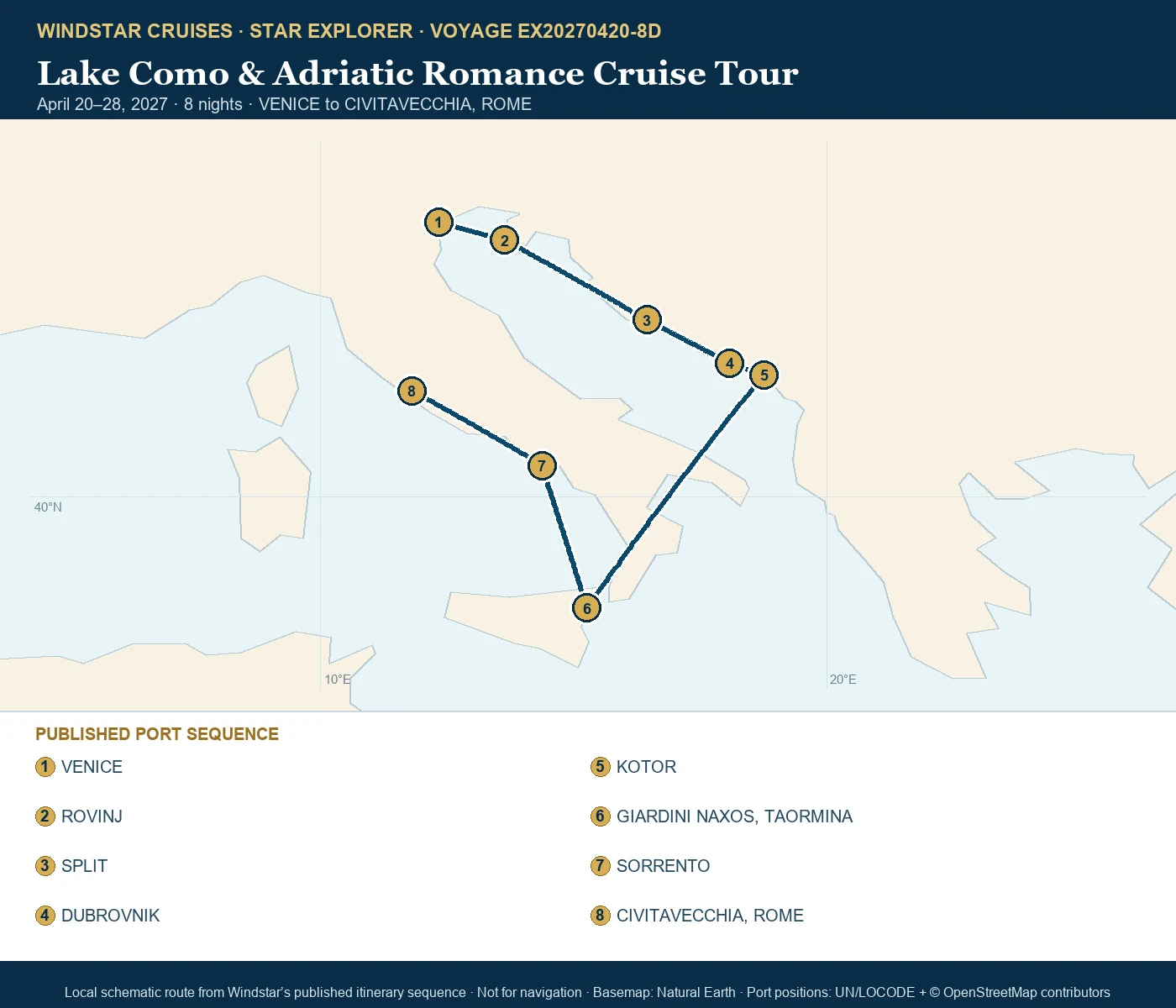 Star Explorer April 20-28 2027 route map from VENICE to CIVITAVECCHIA, ROME