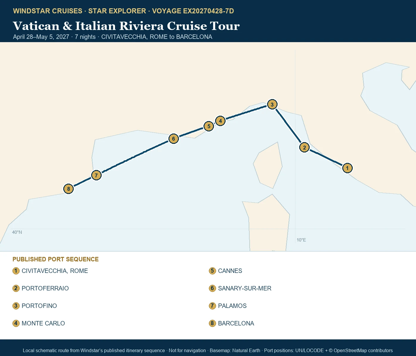 Star Explorer April 28-May 5 2027 route map from CIVITAVECCHIA, ROME to BARCELONA