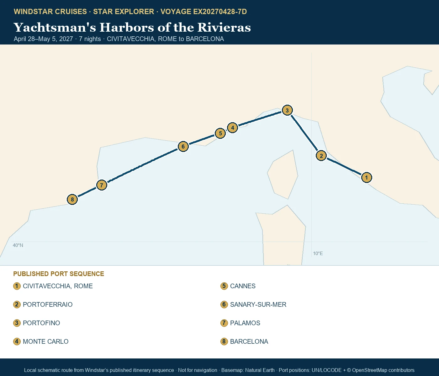 Star Explorer April 28-May 5 2027 route map from CIVITAVECCHIA, ROME to BARCELONA