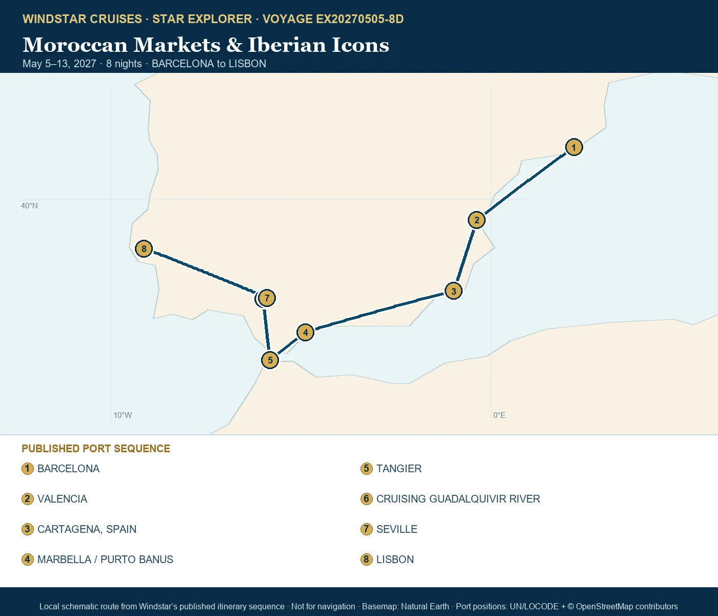 Star Explorer May 5-13 2027 route map from BARCELONA to LISBON