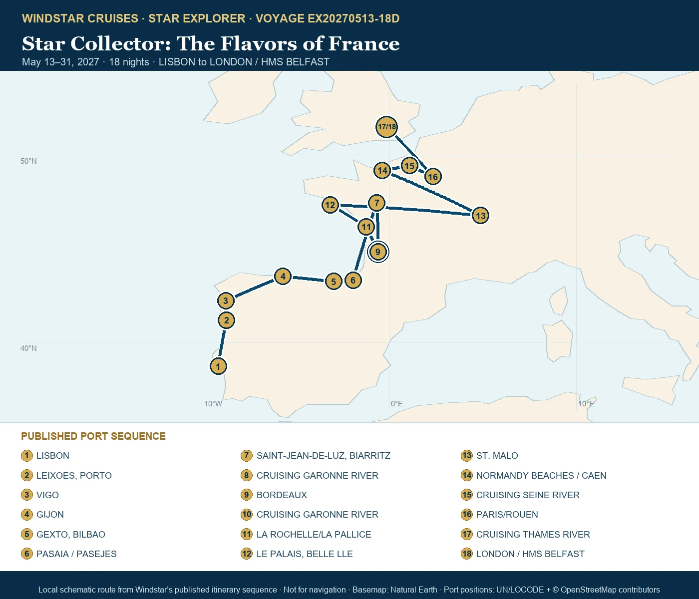 Star Explorer May 13-31 2027 route map from LISBON to LONDON / HMS BELFAST