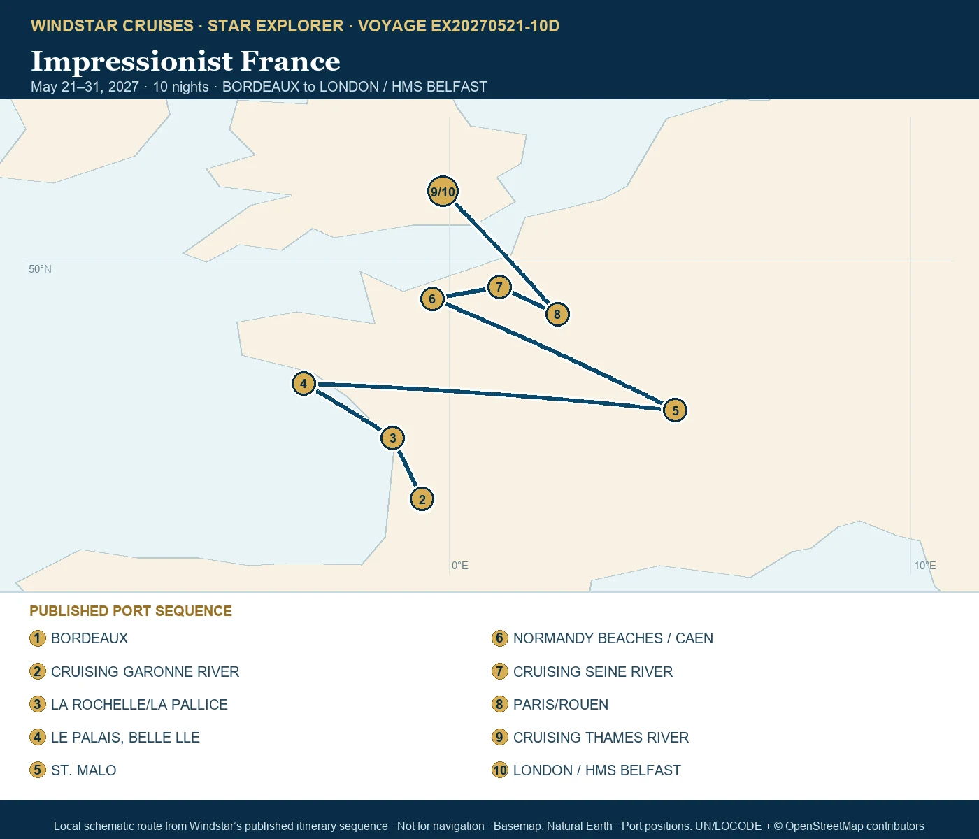Star Explorer May 21-31 2027 route map from BORDEAUX to LONDON / HMS BELFAST