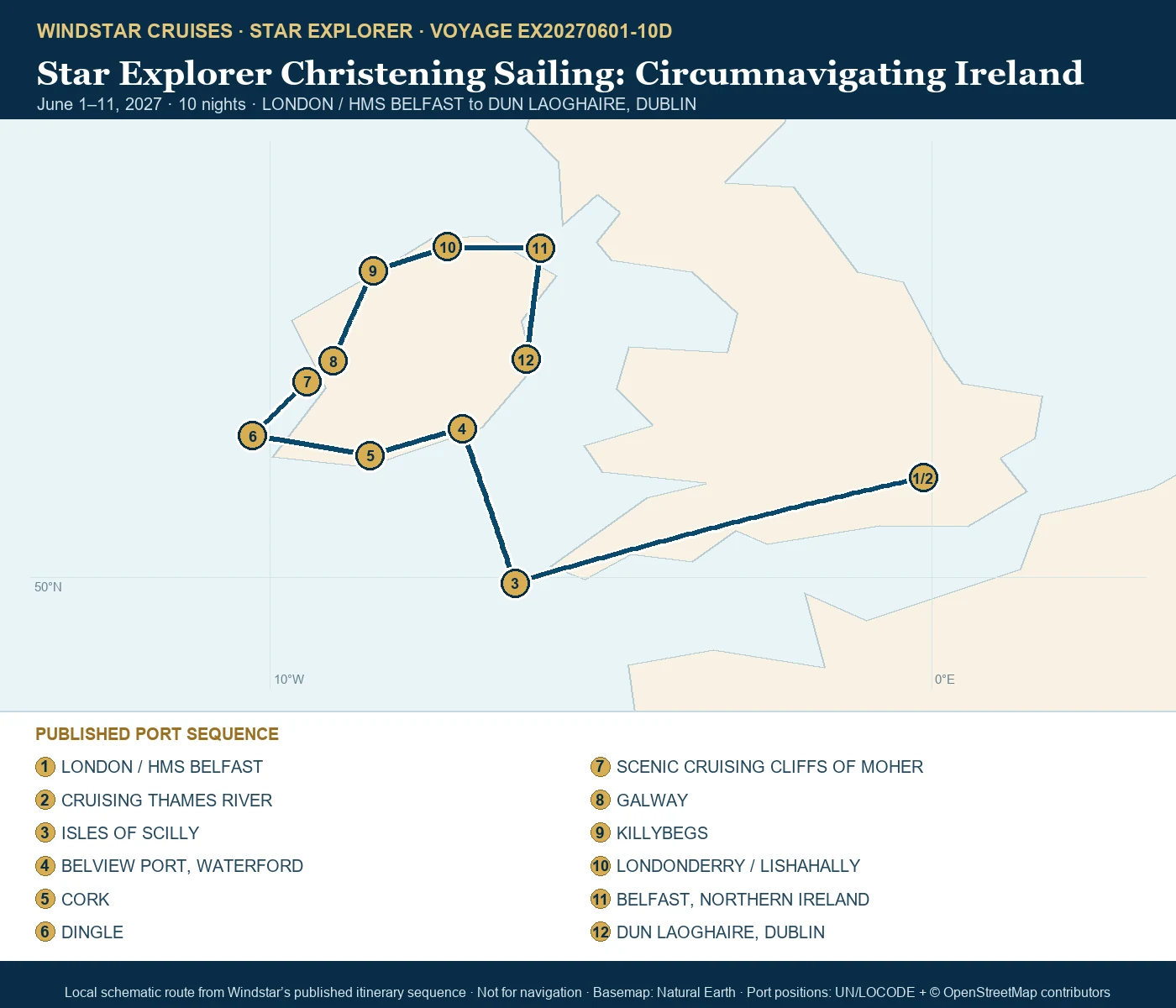 Star Explorer June 1-11 2027 route map from LONDON / HMS BELFAST to DUN LAOGHAIRE, DUBLIN