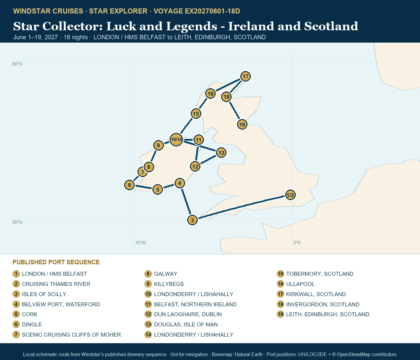 Star Explorer June 1-19 2027 route map from LONDON / HMS BELFAST to LEITH, EDINBURGH, SCOTLAND
