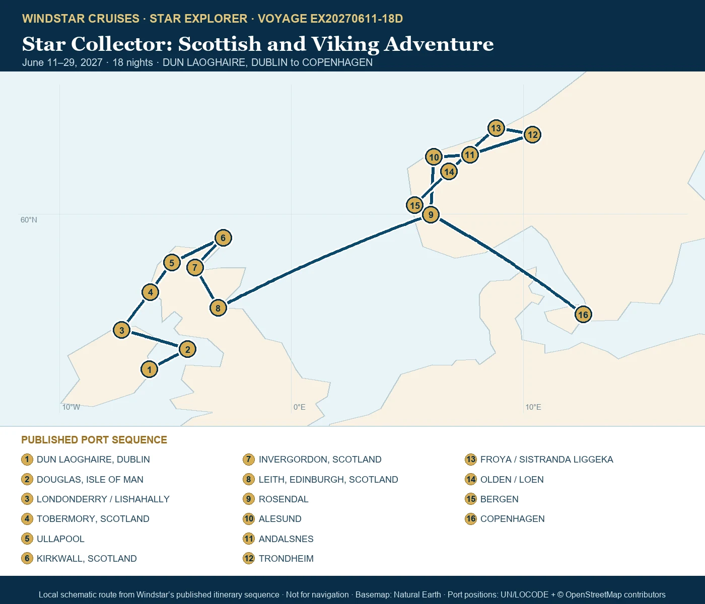Star Explorer June 11-29 2027 route map from DUN LAOGHAIRE, DUBLIN to COPENHAGEN
