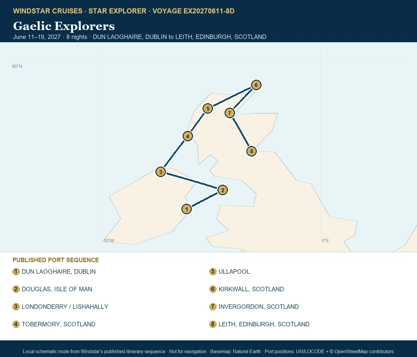 Star Explorer June 11-19 2027 route map from DUN LAOGHAIRE, DUBLIN to LEITH, EDINBURGH, SCOTLAND