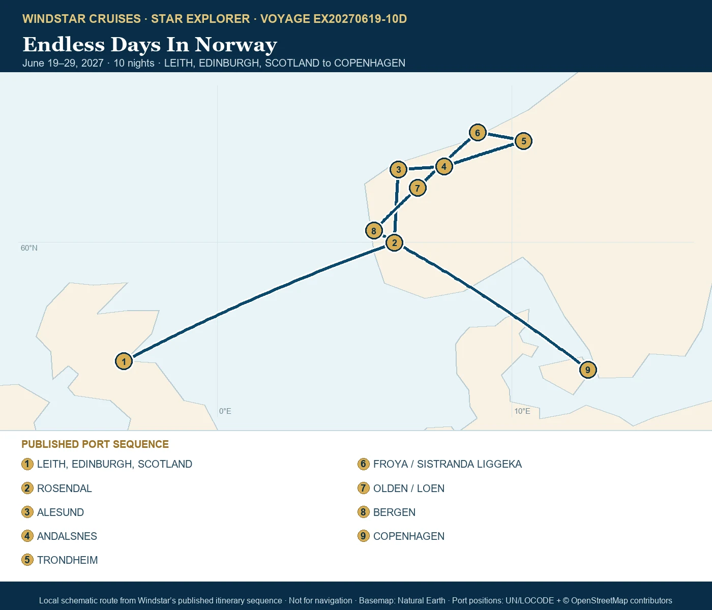 Star Explorer June 19-29 2027 route map from LEITH, EDINBURGH, SCOTLAND to COPENHAGEN