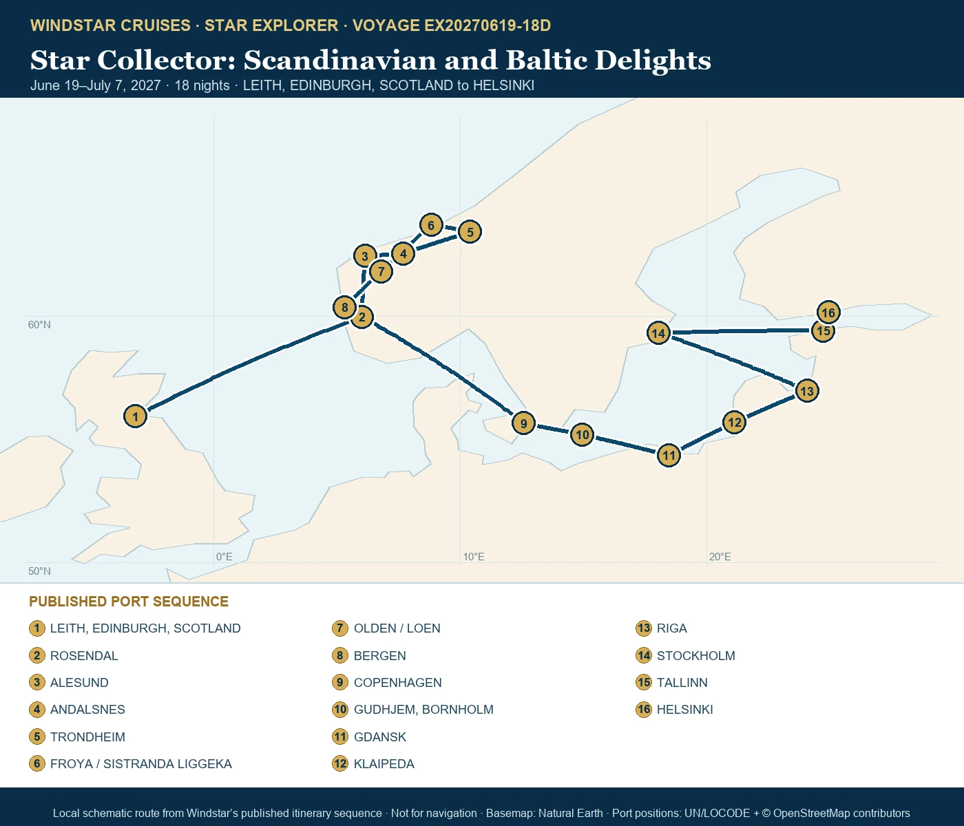 Star Explorer June 19-July 7 2027 route map from LEITH, EDINBURGH, SCOTLAND to HELSINKI