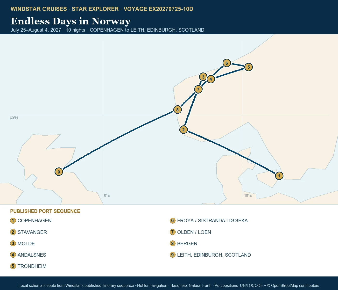 Star Explorer July 25-August 4 2027 route map from COPENHAGEN to LEITH, EDINBURGH, SCOTLAND