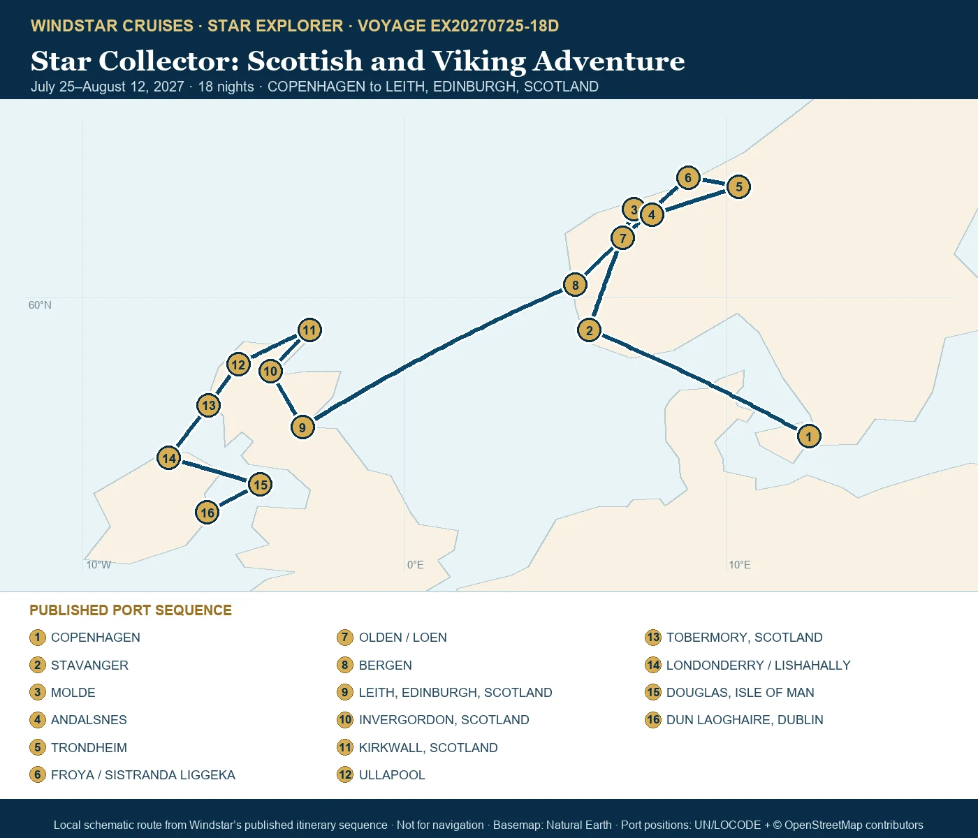 Star Explorer July 25-August 12 2027 route map from COPENHAGEN to LEITH, EDINBURGH, SCOTLAND