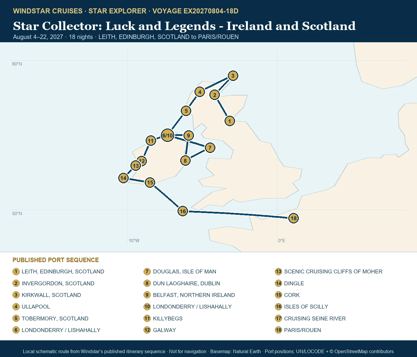 Star Explorer August 4-22 2027 route map from LEITH, EDINBURGH, SCOTLAND to PARIS/ROUEN