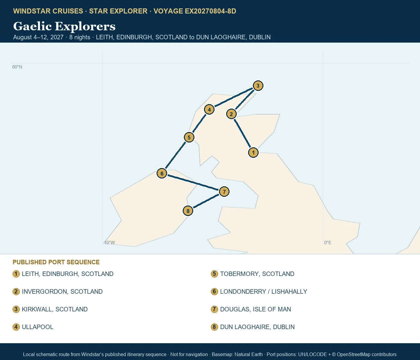 Star Explorer August 4-12 2027 route map from LEITH, EDINBURGH, SCOTLAND to DUN LAOGHAIRE, DUBLIN