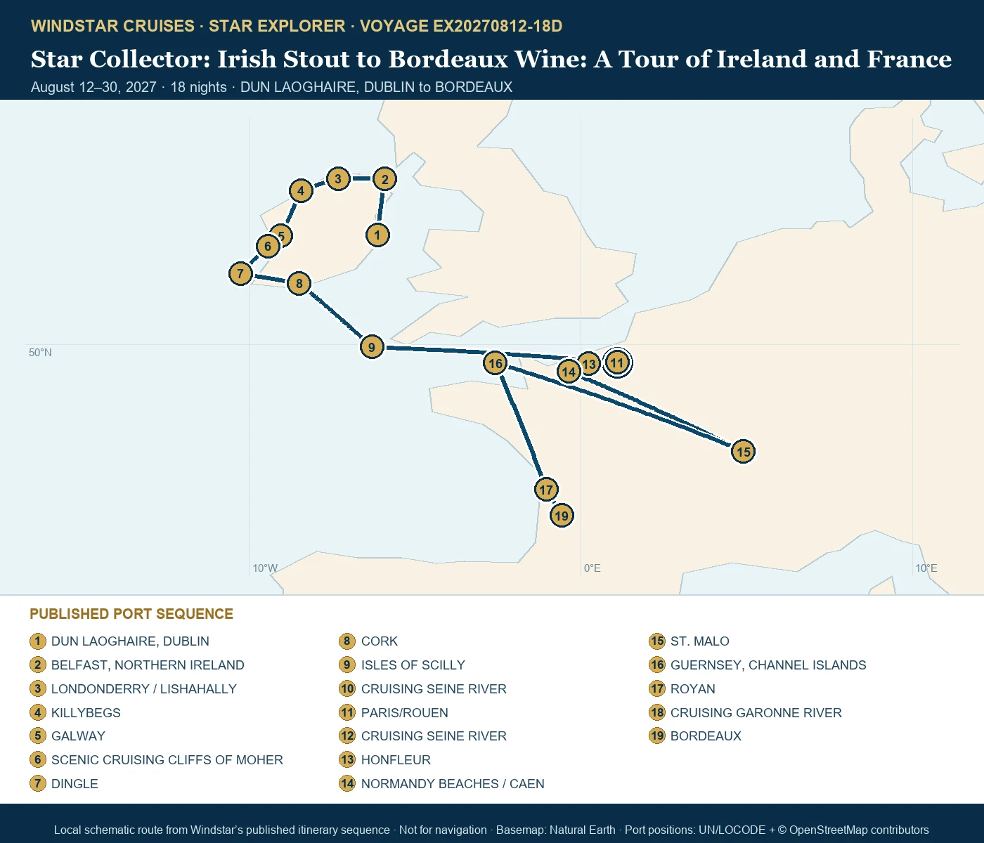 Star Explorer August 12-30 2027 route map from DUN LAOGHAIRE, DUBLIN to BORDEAUX