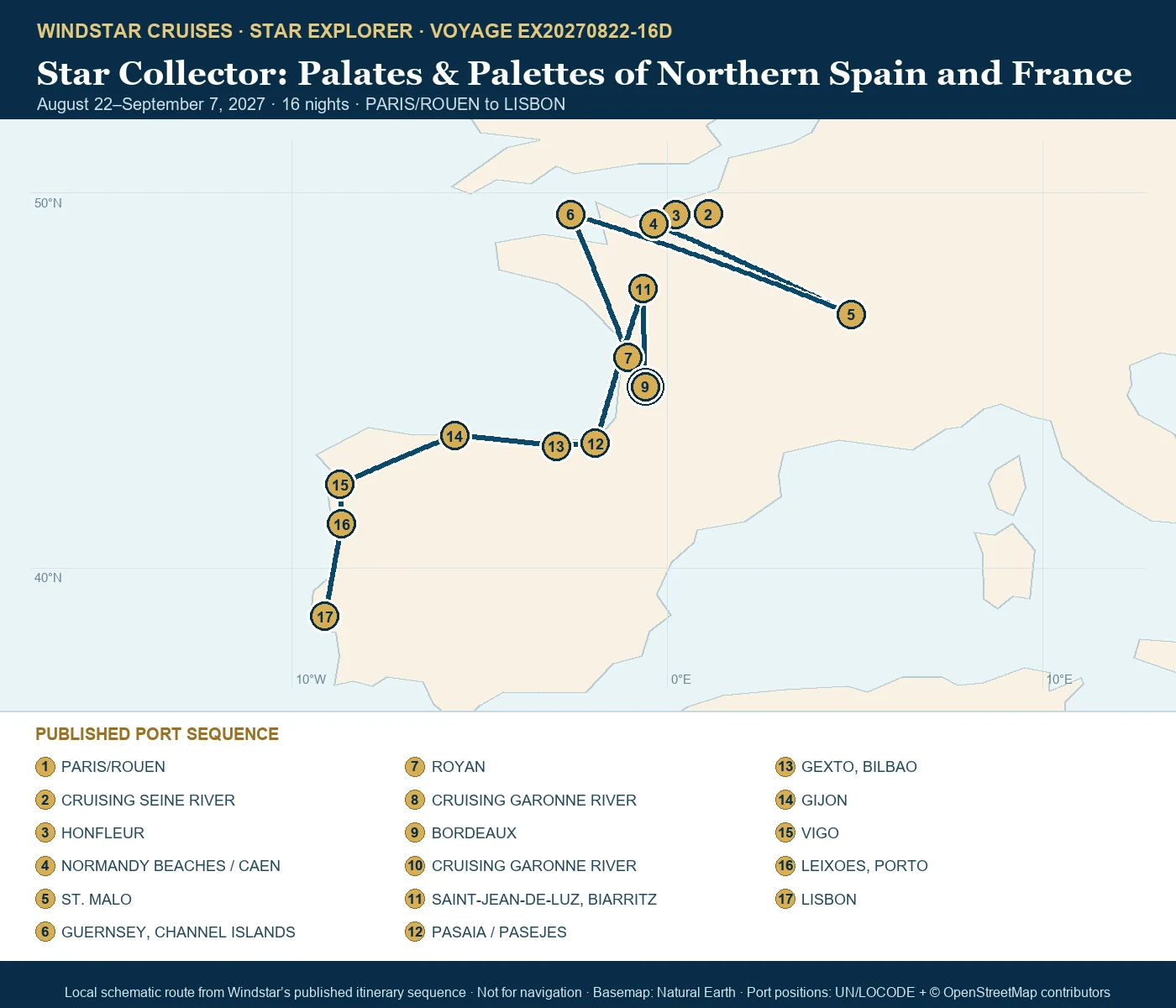 Star Explorer August 22-September 7 2027 route map from PARIS/ROUEN to LISBON