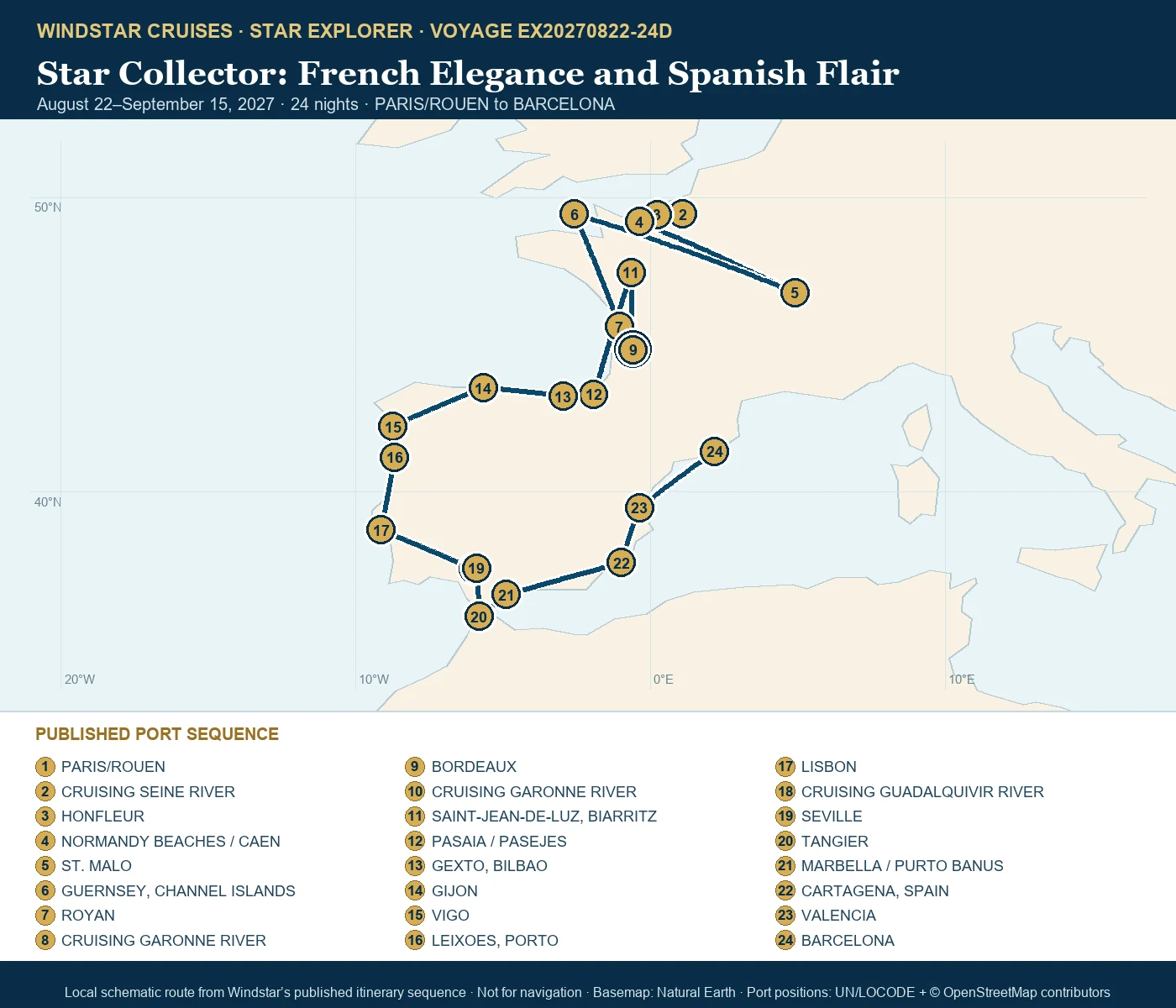 Star Explorer August 22-September 15 2027 route map from PARIS/ROUEN to BARCELONA