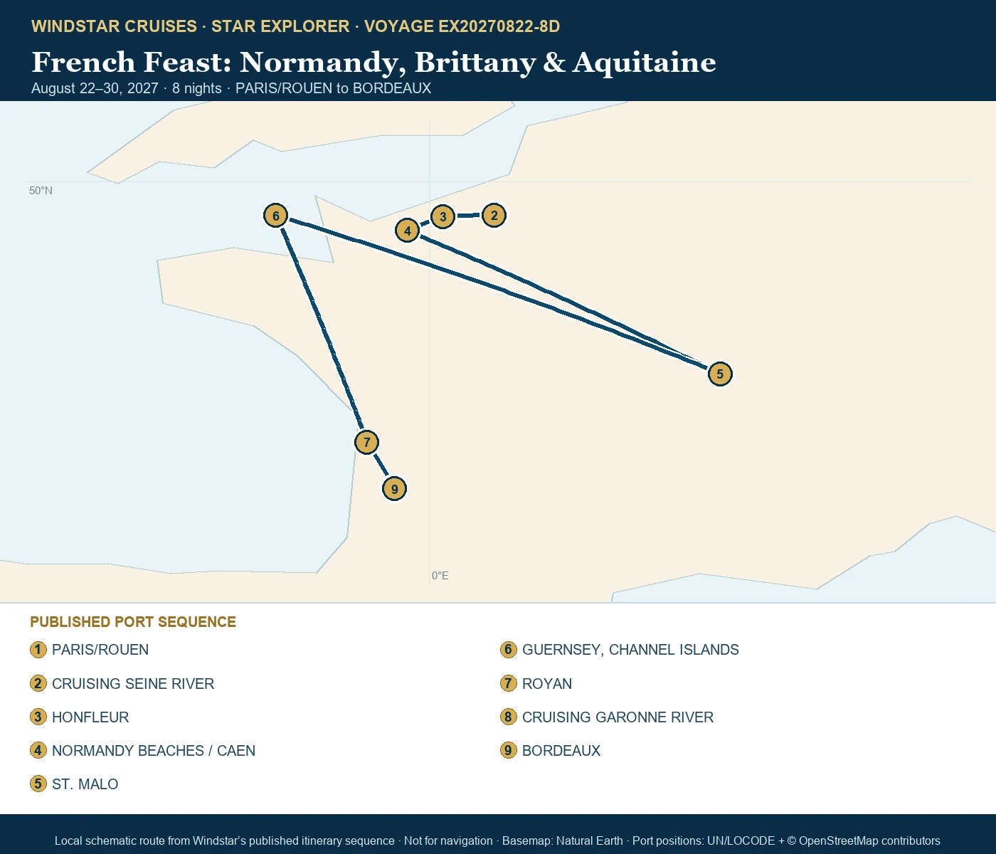 Star Explorer August 22-30 2027 route map from PARIS/ROUEN to BORDEAUX