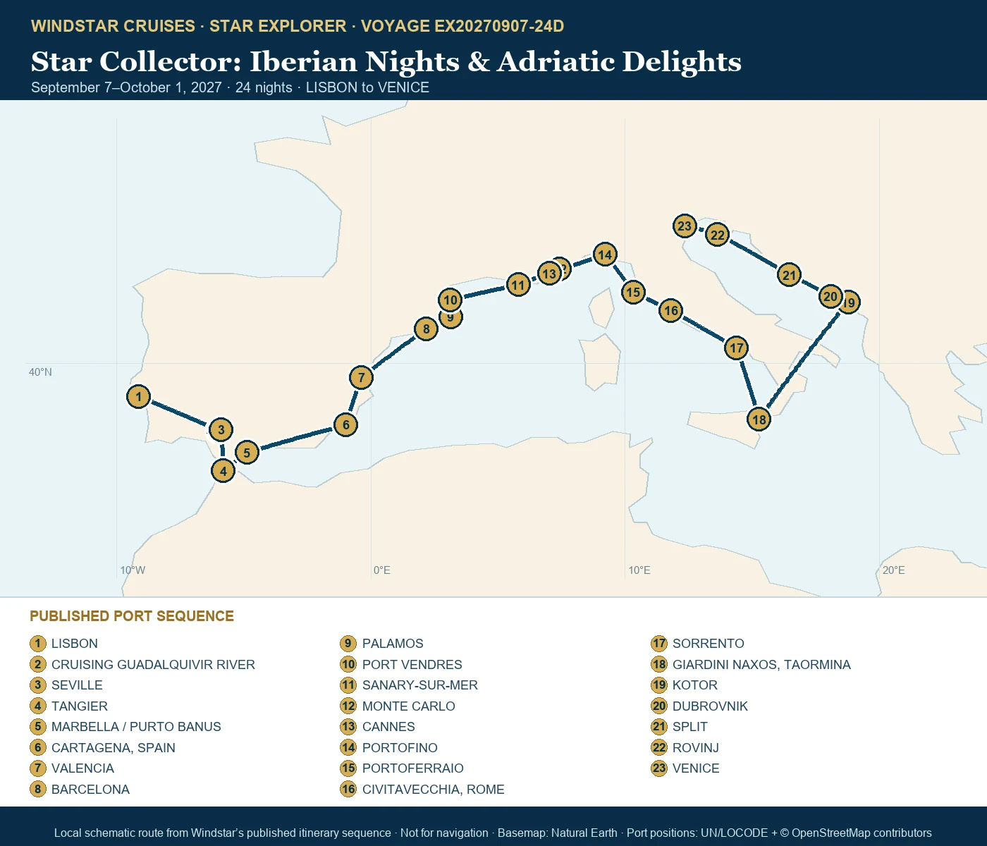 Star Explorer September 7-October 1 2027 route map from LISBON to VENICE