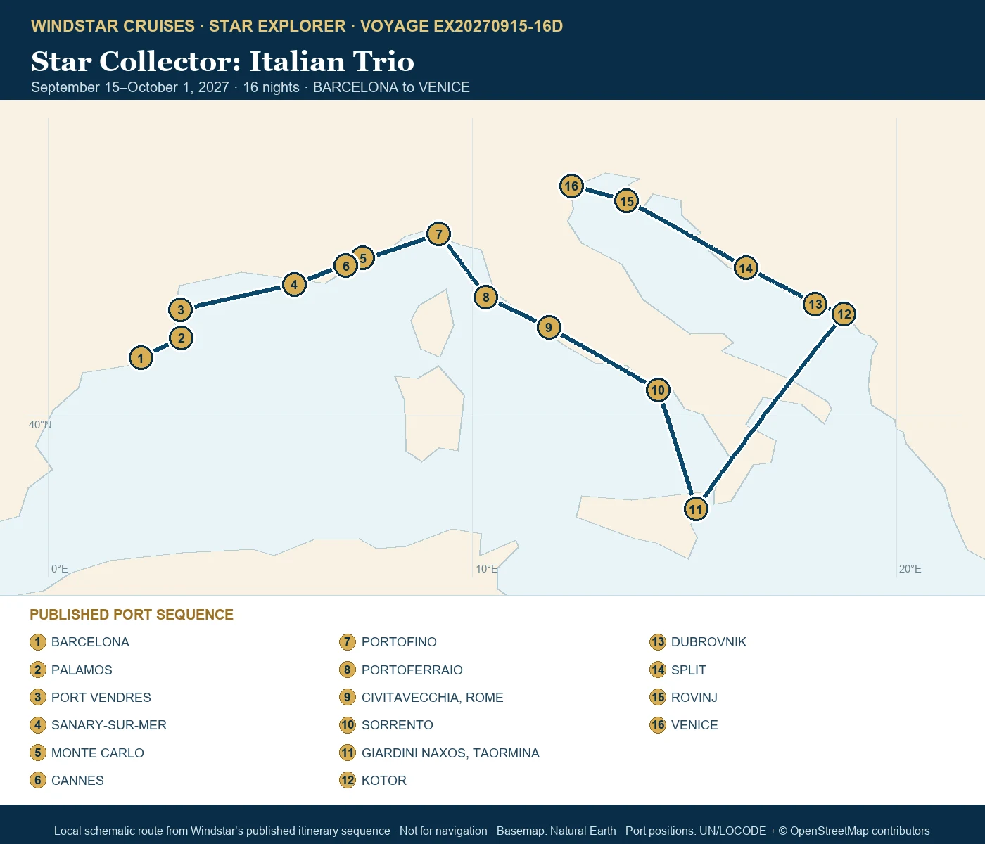 Star Explorer September 15-October 1 2027 route map from BARCELONA to VENICE
