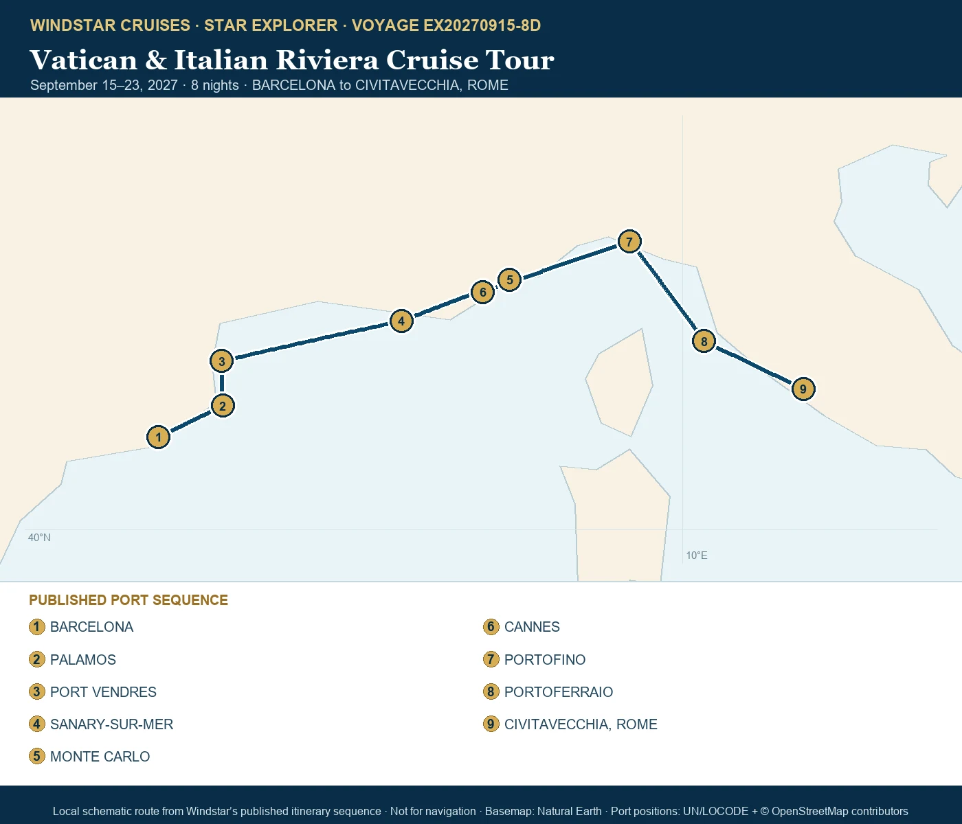 Star Explorer September 15-23 2027 route map from BARCELONA to CIVITAVECCHIA, ROME