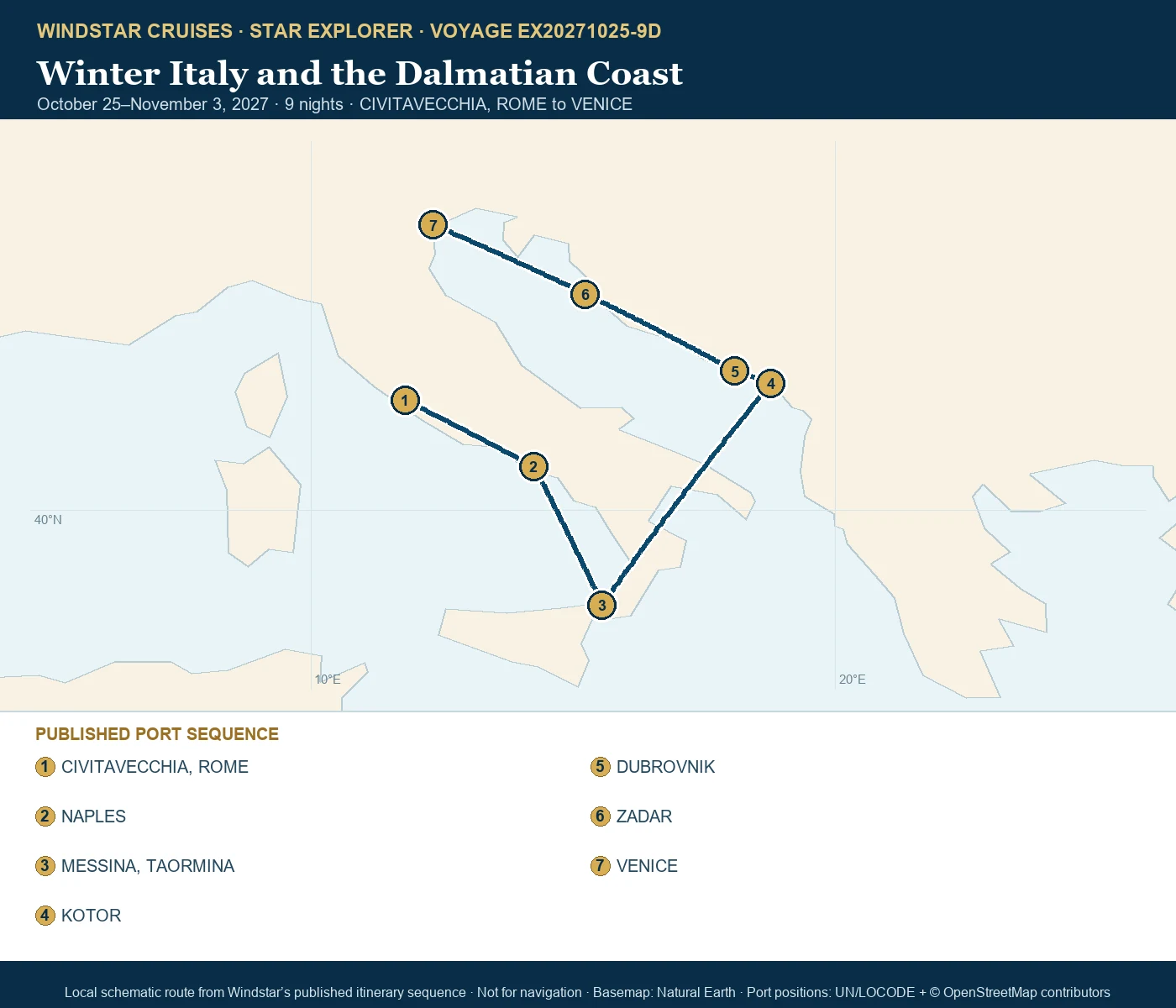 Star Explorer October 25-November 3 2027 route map from CIVITAVECCHIA, ROME to VENICE
