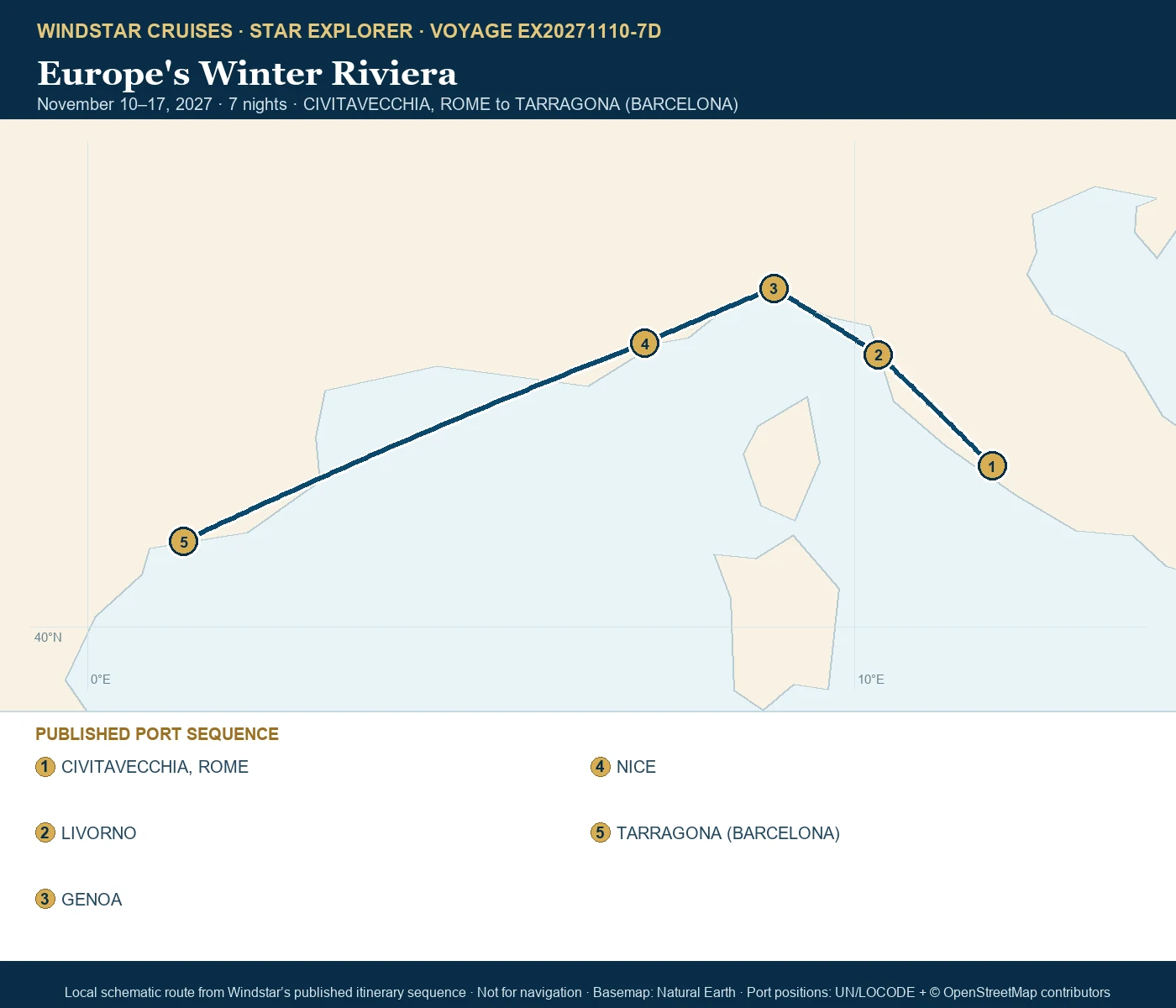 Star Explorer November 10-17 2027 route map from CIVITAVECCHIA, ROME to TARRAGONA (BARCELONA)