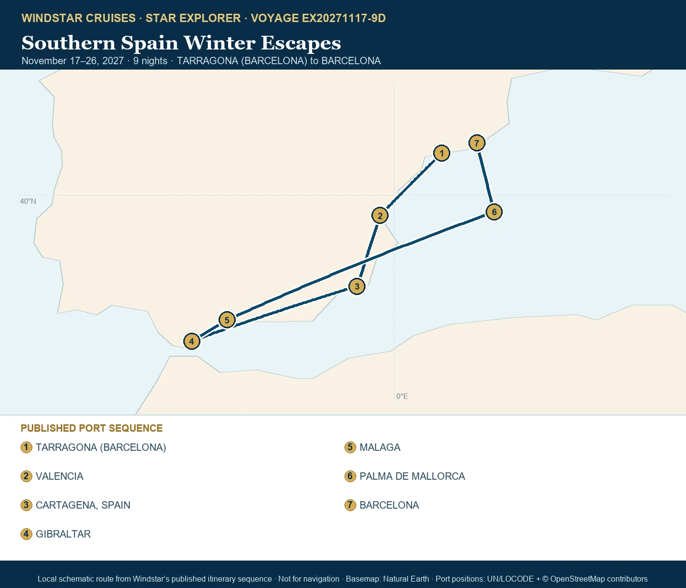 Star Explorer November 17-26 2027 route map from TARRAGONA (BARCELONA) to BARCELONA