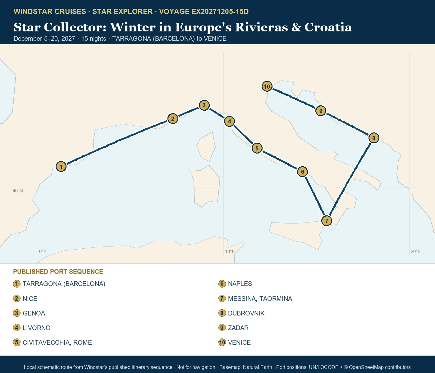 Star Explorer December 5-20 2027 route map from TARRAGONA (BARCELONA) to VENICE