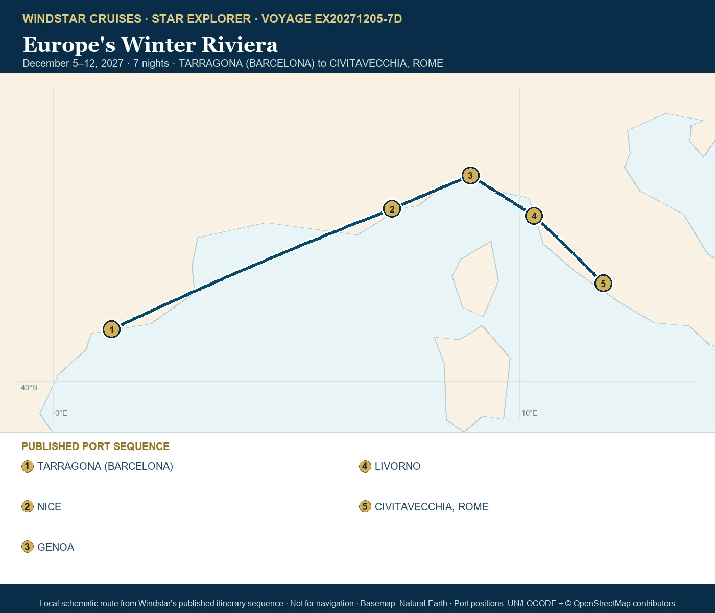 Star Explorer December 5-12 2027 route map from TARRAGONA (BARCELONA) to CIVITAVECCHIA, ROME