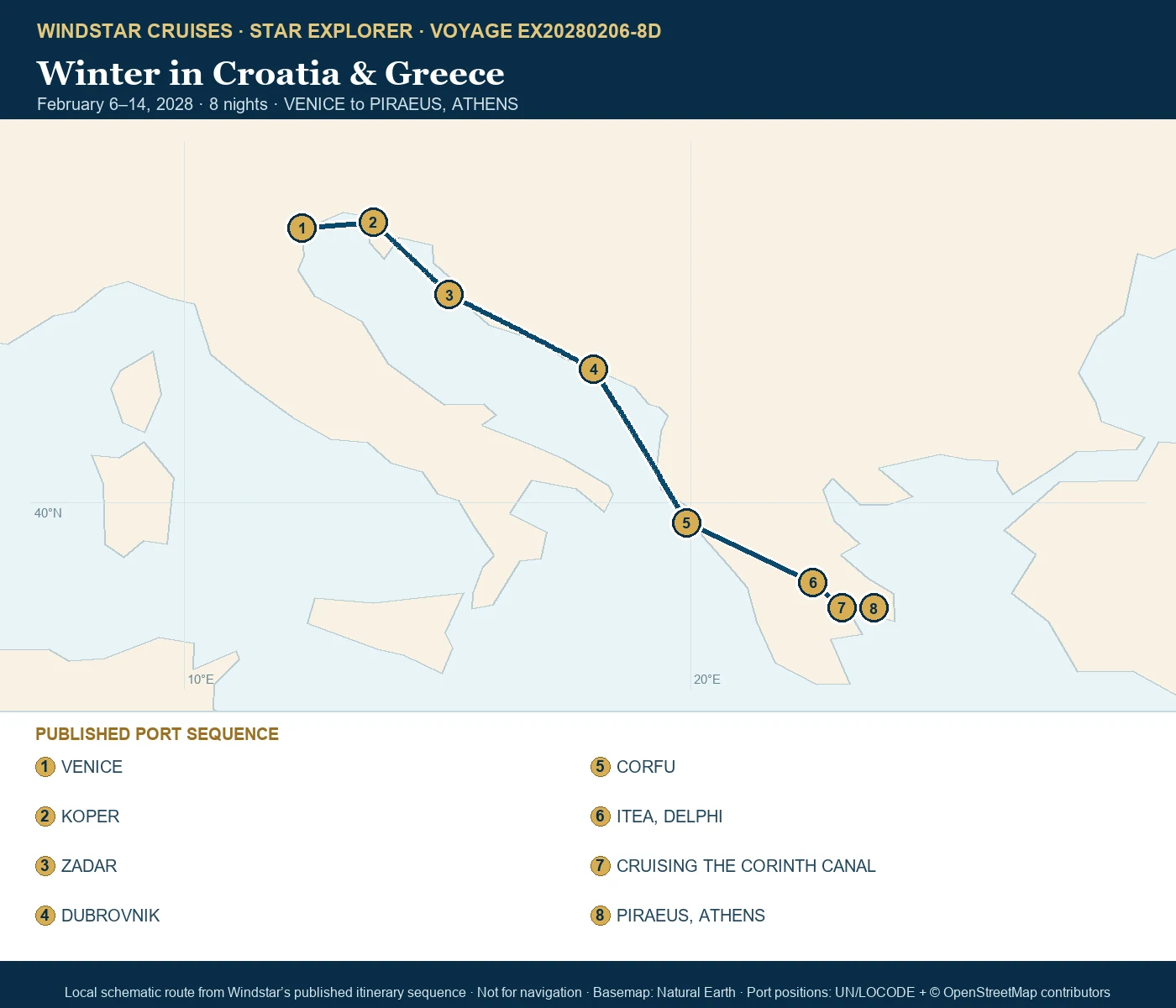 Star Explorer February 6-14 2028 route map from VENICE to PIRAEUS, ATHENS