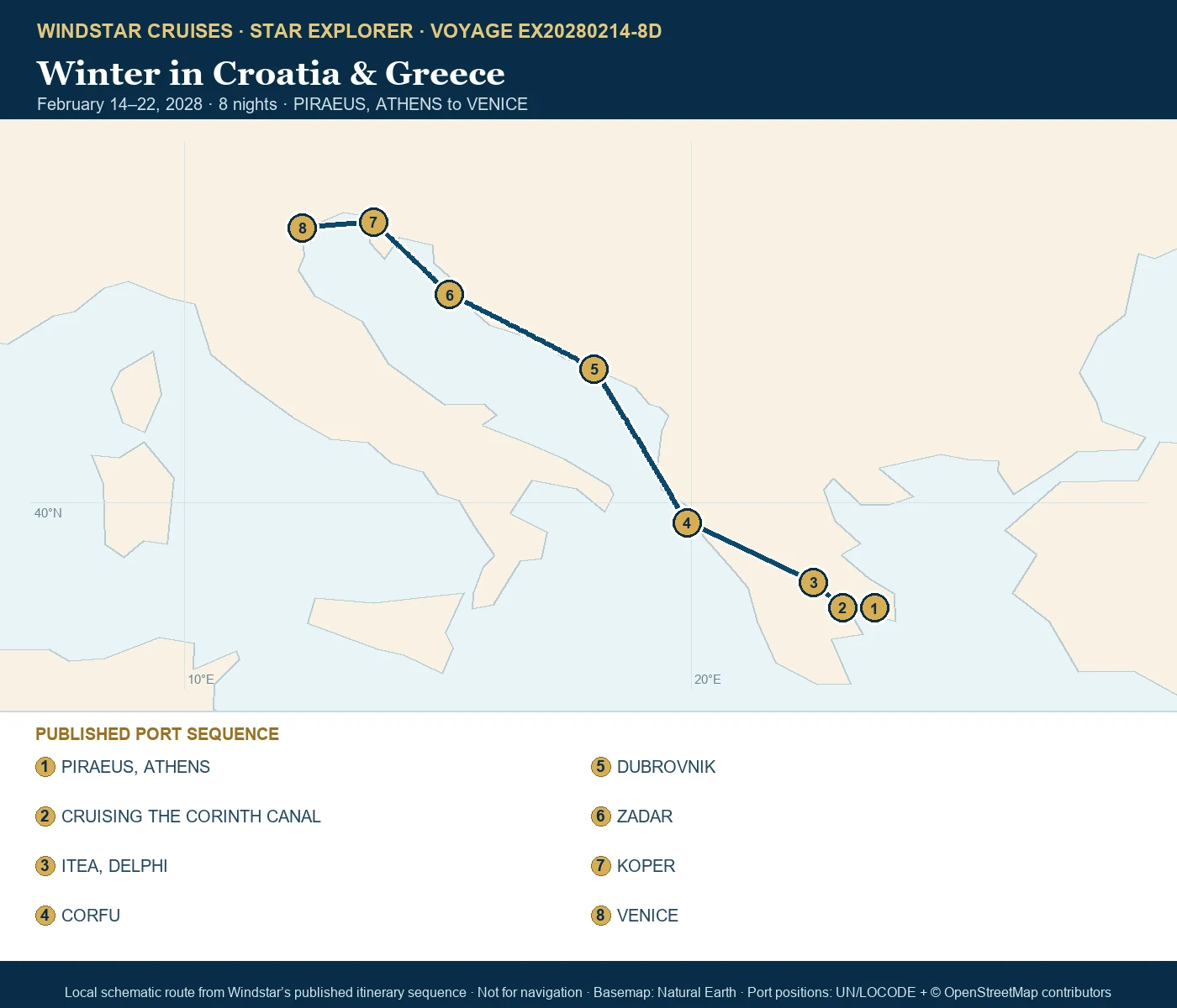 Star Explorer February 14-22 2028 route map from PIRAEUS, ATHENS to VENICE