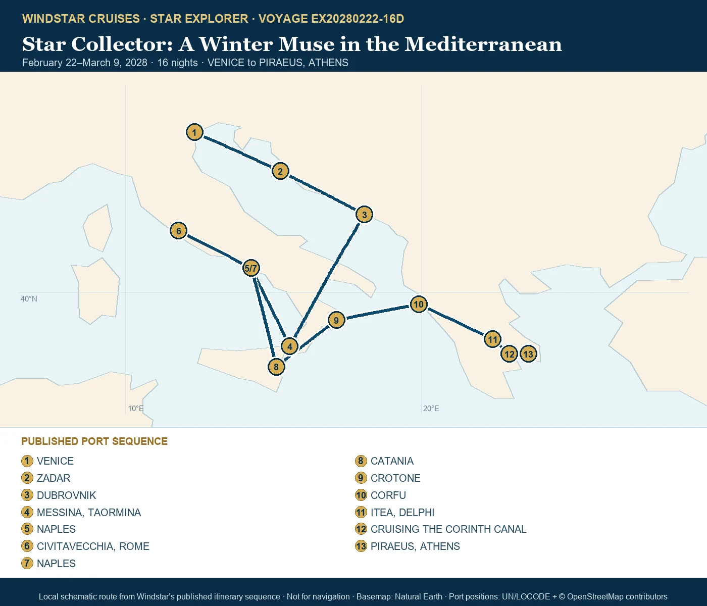 Star Explorer February 22-March 9 2028 route map from VENICE to PIRAEUS, ATHENS