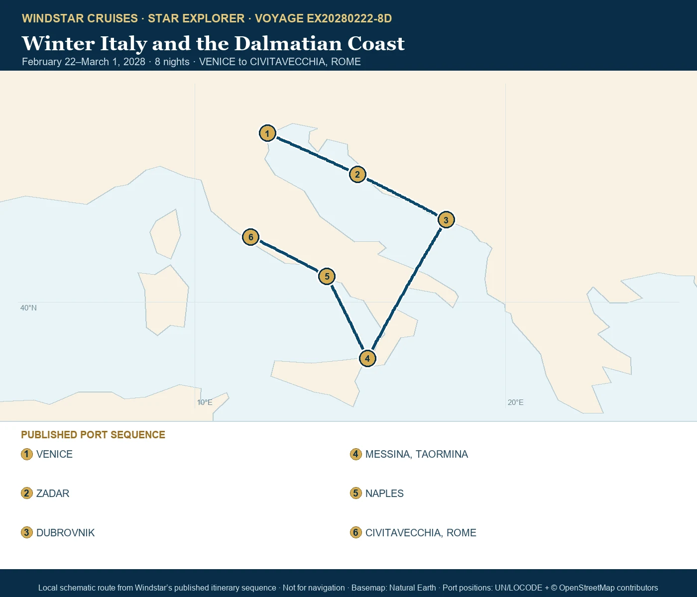 Star Explorer February 22-March 1 2028 route map from VENICE to CIVITAVECCHIA, ROME